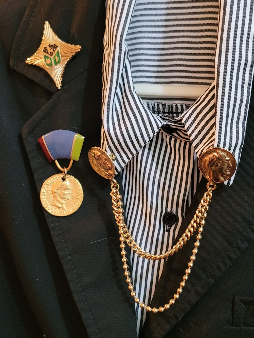 Vintage Military Inspired Goldtone 3 Brooch Set incl. Double Coin Collar Brooch